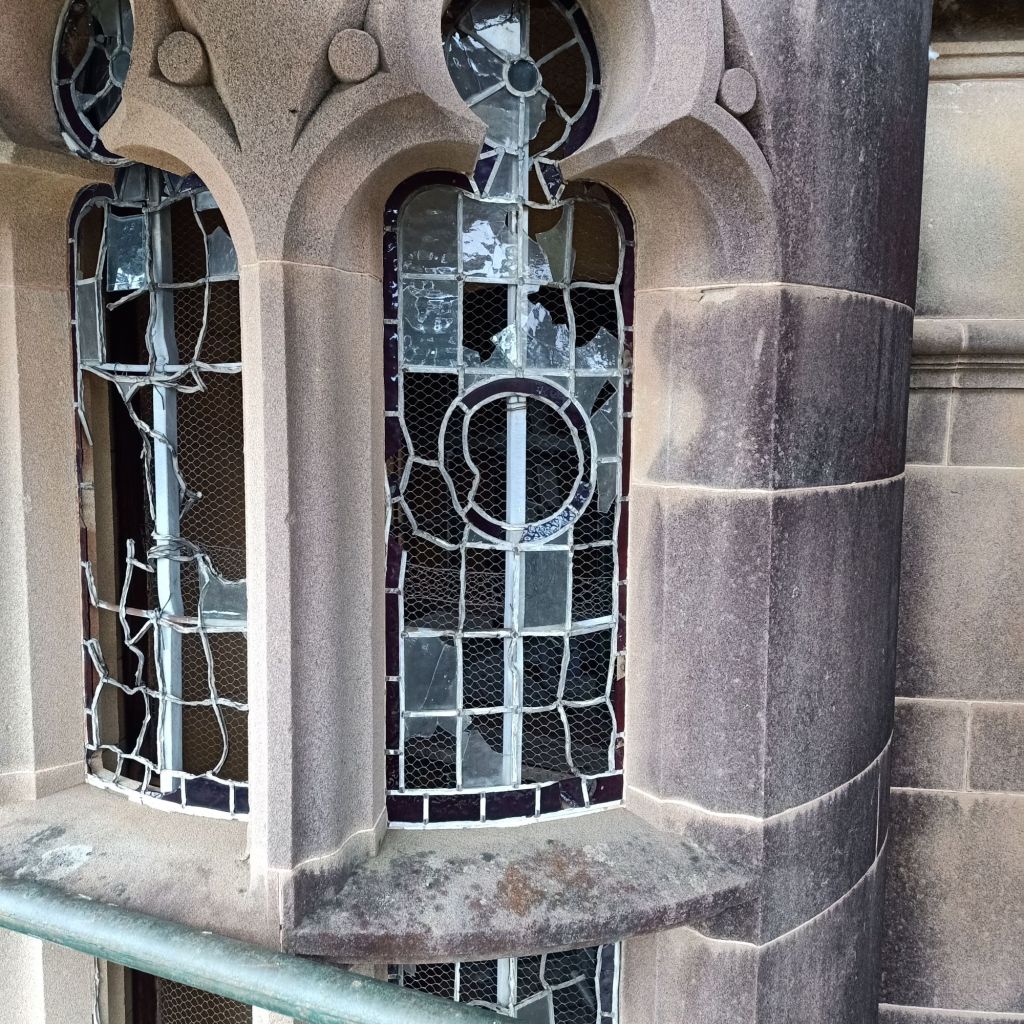 Damaged stained glass prior to restoration